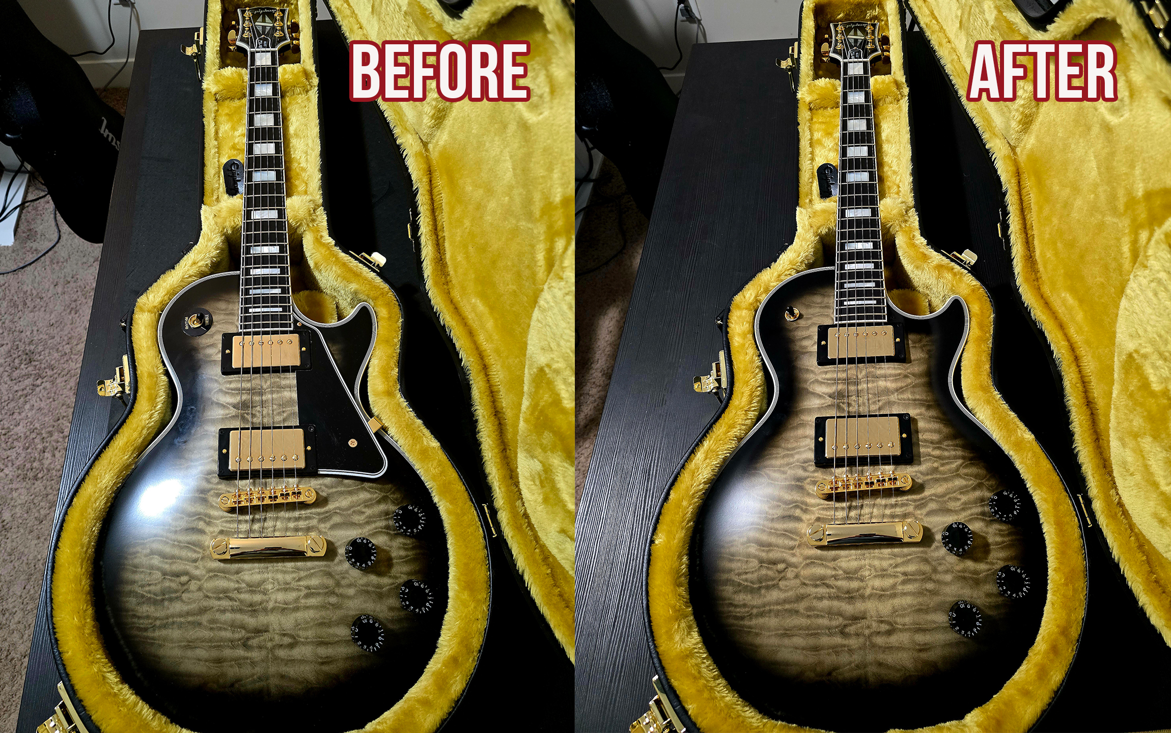 Before and after Sweetwater inspired by Gibson custom Epiphone Cobra burst